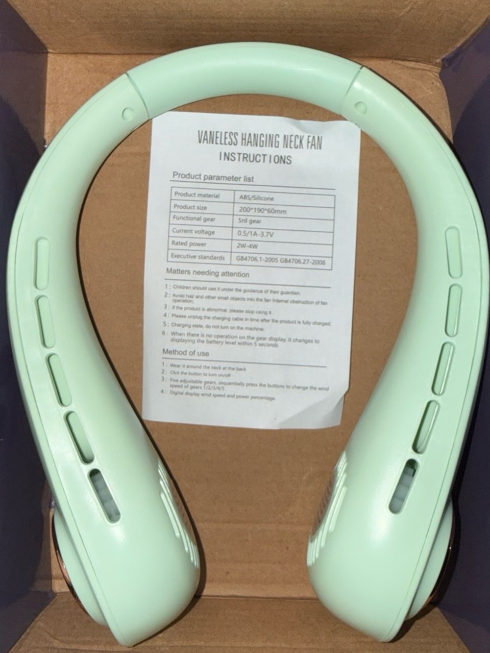 Mint Green Vaneless Hanging Neck Fan - Hands-Free Personal Cooling